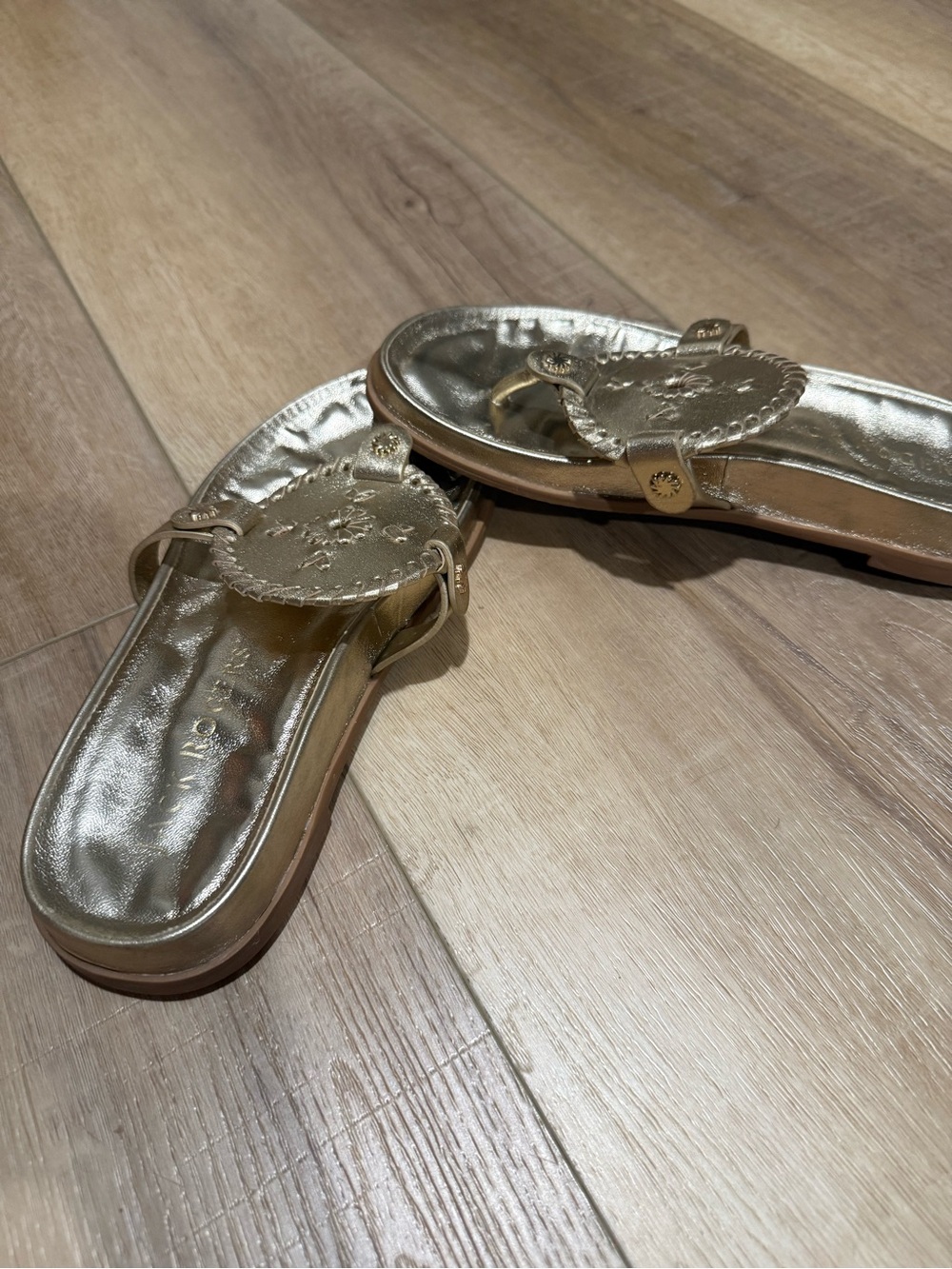Jack Rogers Metallic Gold Leather Thong Sandals with Medallion
